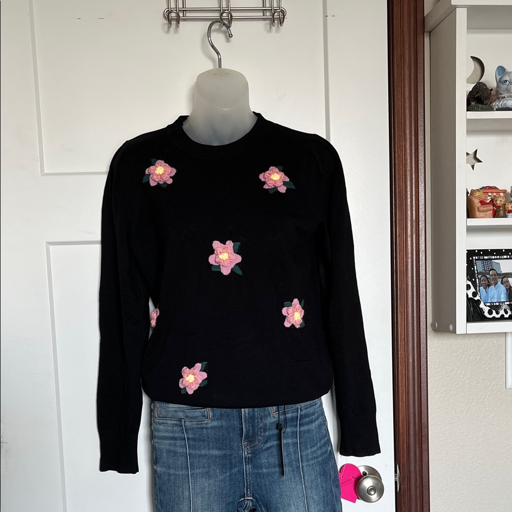 Nanette Lepore Black Sweater with Pink Floral Accents